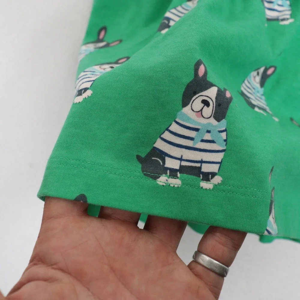 Mini Boden Girls Dress French Bulldog Stripes Green 100% Cotton Kids 4-5Y NWT